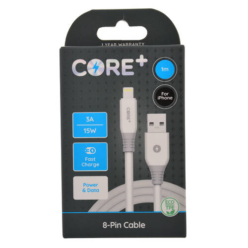 Core+ 8-Pin to USB-A Cable Charging Cord 1m For Apple iPhone 14/13 - White