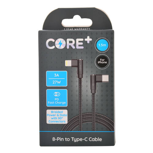 Core+ 90D 8-Pin to USB-C Cable Charging Cord 1.5m For iPhone 14/13 - Black