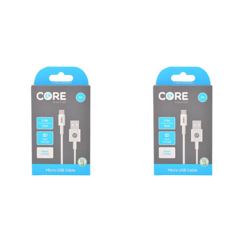 2PK Core Essentials USB-A to Micro USB Cable Charging Cord 1m - White