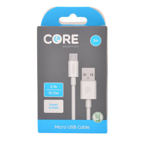 Core Essentials USB-A to Micro USB Cable Charging Cord 2m - White