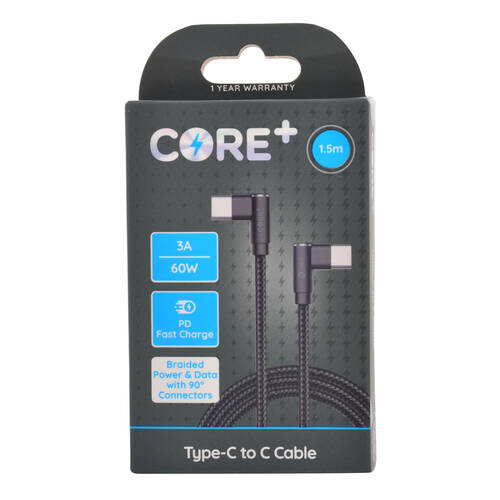 Core 90-Degrees Type-C Charging Cable Data Cord 60W/1.5m - Black