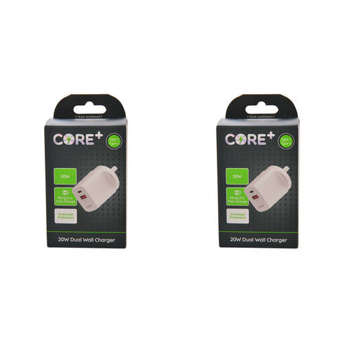 2PK Core Type-C/USB-A Dual Port Wall Charger 20W - White