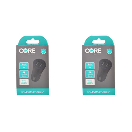 2PK Core Essentials Type-A Dual Port Car Charger 2.4A/1A  - Black