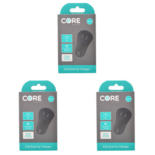 3PK Core Essentials Type-A Dual Port Car Charger 2.4A/1A  - Black