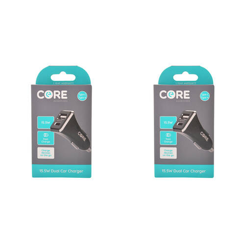 2PK Core Essentials Type-C/USB-A Dual Port Car Charger 15.5W - Black