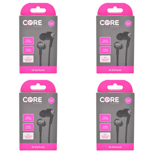 4PK Core Essentials 3.5mm X6 Earphones/Earbuds In-Ear Wired w/ Mic - Black