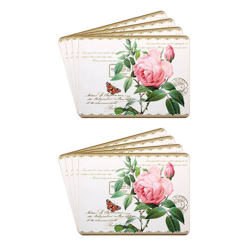 2x 4pc Gibson Gifts Redoute Rose Cork-Backed Placemats Set Rectangle 29x22cm