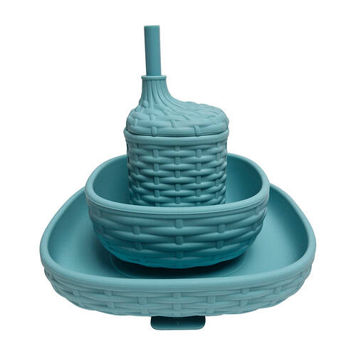 3pc Annabel Trends Silicone Rattan Dinner Set Baby/Toodler Dinnerware - Aqua