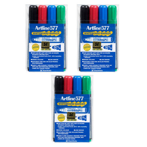 3x 4pc Artline 577 Whiteboard Marker Assorted Colours