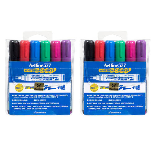 2x 6pc Artline 577 Assorted Colours Whiteboard Marker