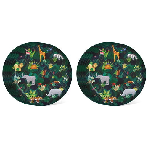 2x 4pc Animal Kingdom Food Plate Dish Round 23cm - Green