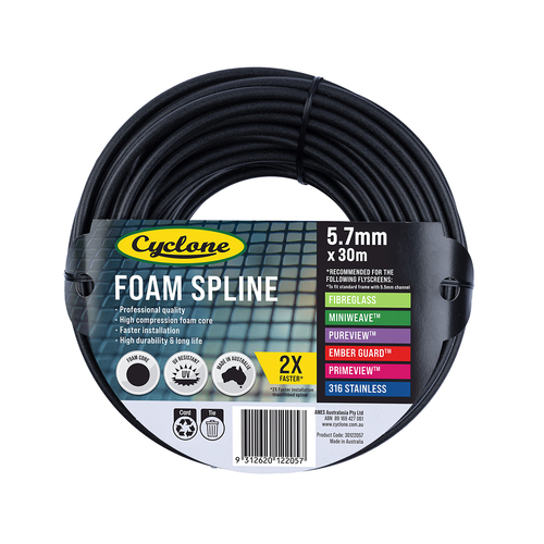 Cyclone Pro Foam Spline 5.7mm x 30m For Fly Fly Screen Frame