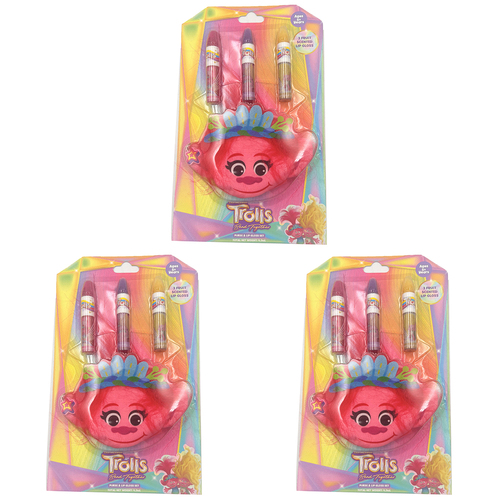 3x 4pc Trolls Lip Gloss Set Cosmetic Fruit Scented w/ Purse 5y+