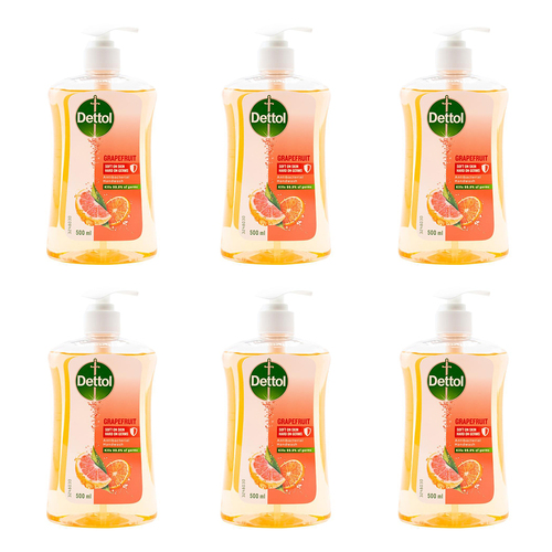 6PK Dettol 500ml Liquid Pump Hand Wash Antibacterial - Grapefruit