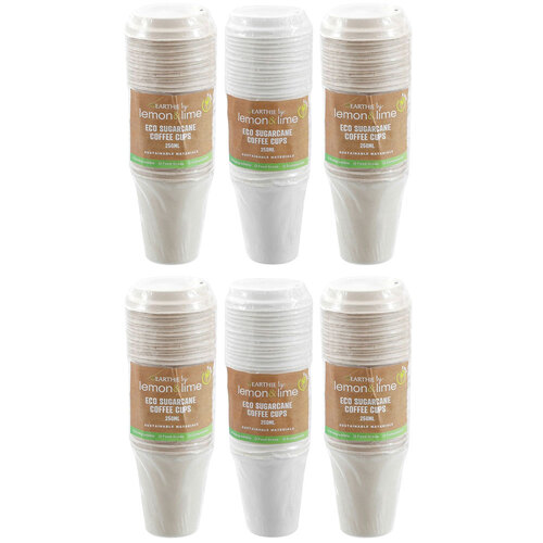 6x 15PK Lemon & Lime 250ml Eco Sugarcane Coffee Cup w/ Lid - Assorted