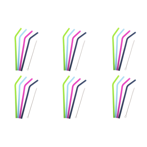 6x 4pc Appetito Silicone Bent Drinking Straws w/Brush 4 Asst. Colours