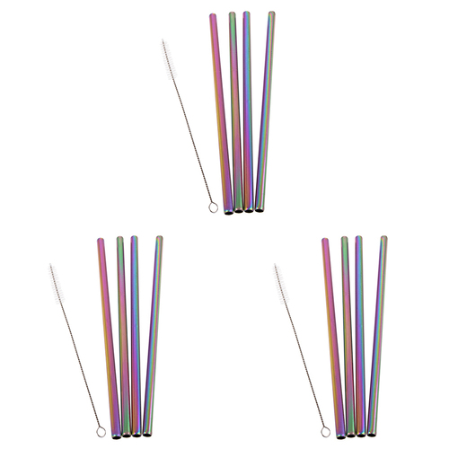 3x 4pc Appetito Stainless Steel Straight Smoothie Straws w/Brush Rainbow