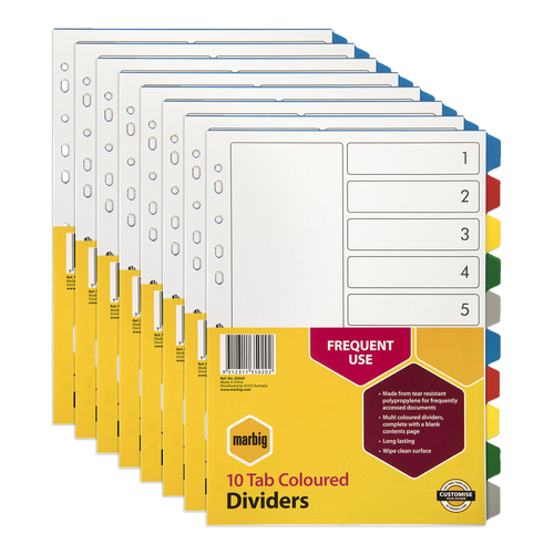 8PK Marbig PP 10 Tab Coloured A4 Binder Divider/Indices