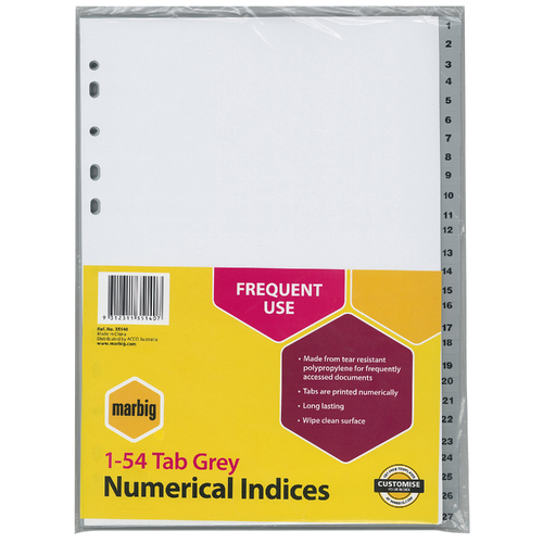 Marbig PP 1-54 Tab A4 Lever Arch/Binder Divider/Indices - Grey