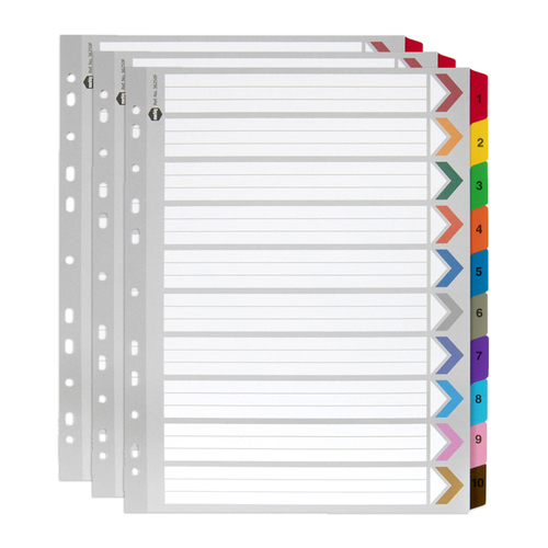 3PK Marbig Extra Wide 1-10 Tab Coloured A4 Ring Binder Plastic Divider