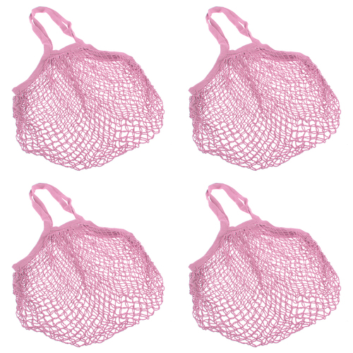 4PK Sachi Cotton String Bag Long Handle Fruit Carrier Net - Pastel Pink