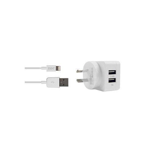 3sixT 1m Wall Charger AU 3.4A w/ MFI Certified Lightning Cables - White