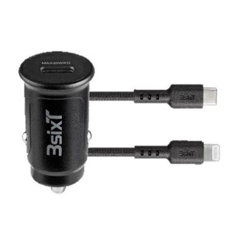 3sixT Tough 20W Car Charger w/ USB-C to Lightning MFI-Certified Cable - Black