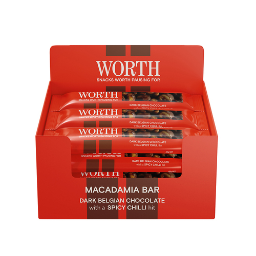 12pc Worth 40g Macadamia Dark Chocolate & Chili Bar