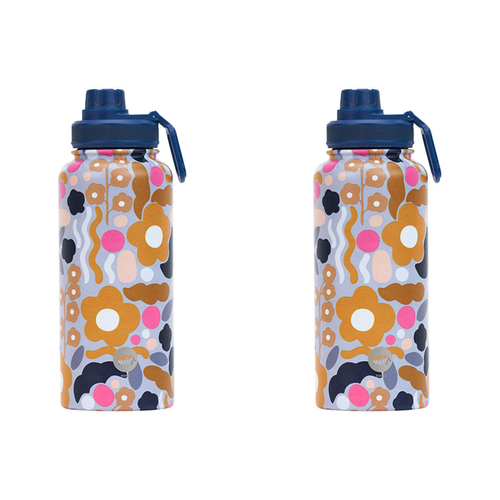 2PK Annabel Trends Watermate 950ml Stainless Steel Bottle Floral Puzzle Mustard