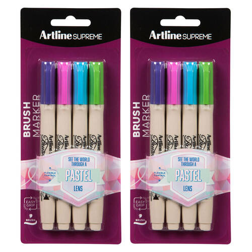 2x 4pc Artline Supreme Brush Markers - Assorted Pastel Colours