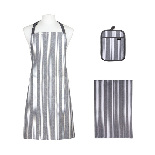 3pc Ladelle Eco Stripe Apron/Potholder Kitchen Accessory Set Slate Grey