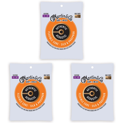 3PK Martin Guitar MA130FX Authentic Acoustic Flexible Core Strings Silk & Steel Custom