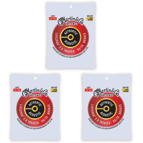 3PK Martin Guitar MA140T Authentic Acoustic Treated Strings 80/20 Bronze Light