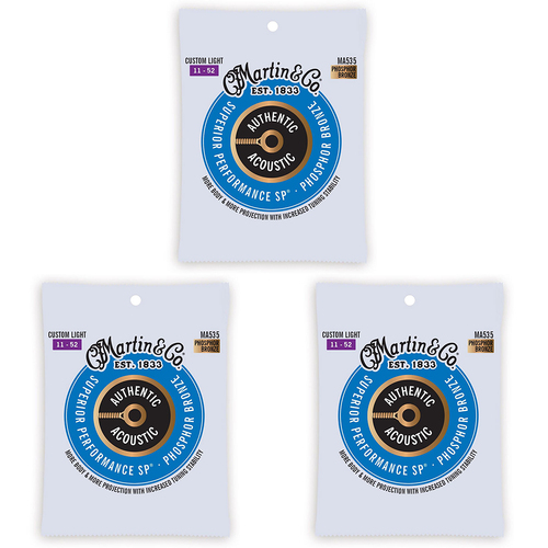 3PK Martin Guitar MA535 Authentic Strings 92/8 Phosphor Bronze Custom Light