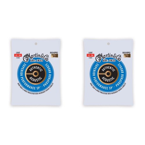 2x 3PK Martin Guitar MA540PK3 Authentic Strings 92/8 Phosphor Bronze Light