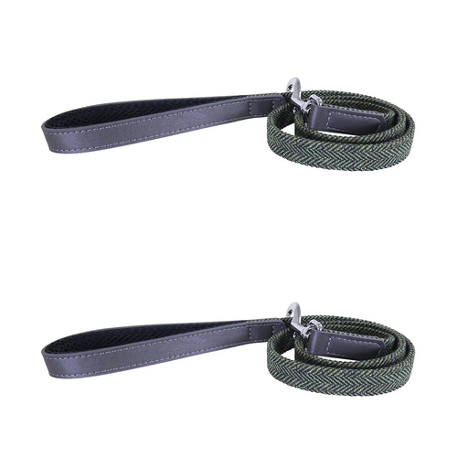 2PK Rosewood 122cm Leather Dog Lead Training/Walking Leash Forest Herringbone/Grey