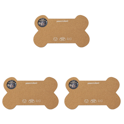 3PK Pawsnclaws 55x33cm Cork Feeding Floor Mat Bone - Brown