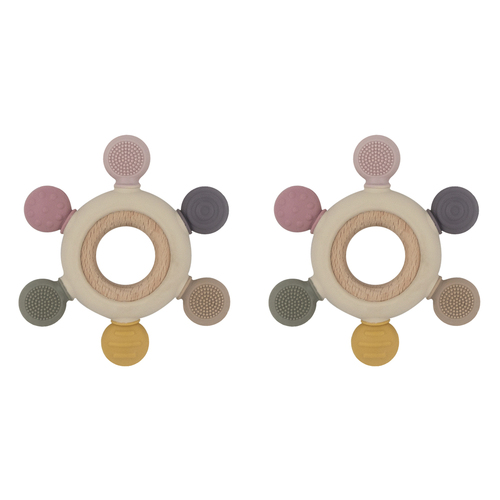 2PK Playground Multi-Surface Baby 11cm Silicone/Wood Teething Wheel 3m+ Rose