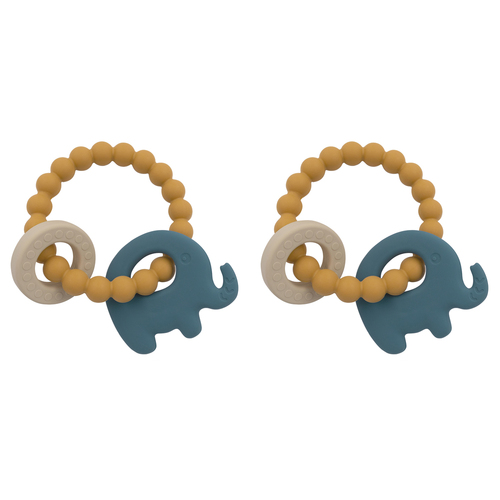 2PK Playground Baby 11cm Silicone/Beechwood Elephant Teether 3m+ Steel Blue