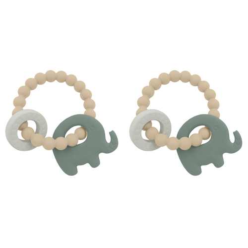 2PK Playground Baby 11cm Silicone/Beechwood Elephant Teether 3m+ Sage