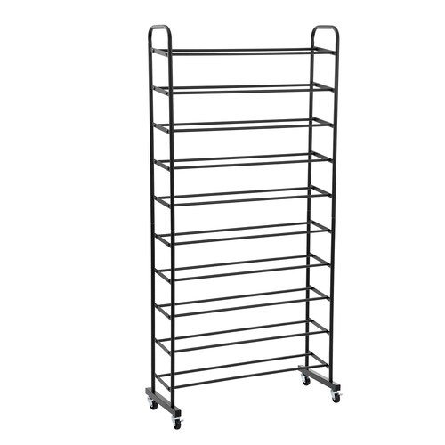 Boxsweden Metal 10-Tier Shoe Rack w/ Wheels 76x160cm - Black