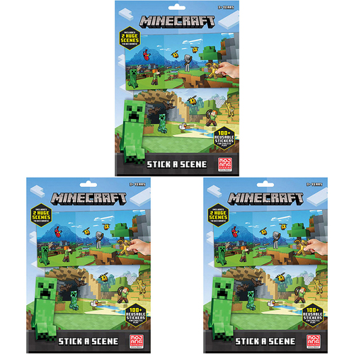 3x 100pc Minecraft Kids Stick A Scene Reusable Stickers Set 3y+