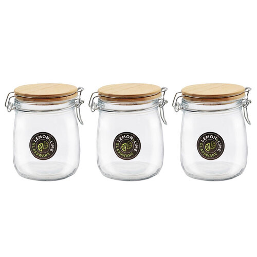 3PK Lemon and Lime 730ml/14cm Glass Clip Jar w/ Wooden Lid - Clear