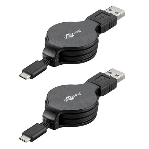 2x Goobay Charging & Sync 1m Retractable USB-A to USB-C Cable - Black