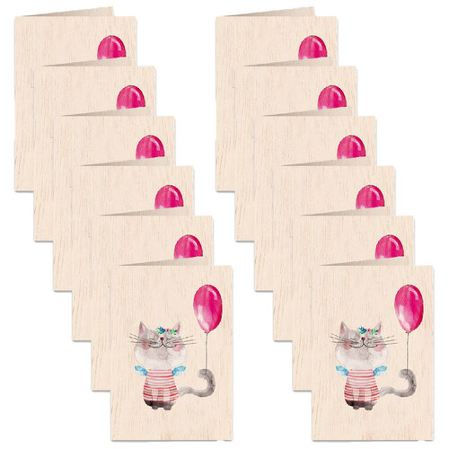 12PK Cozywood Wooden Greeting Card 11x16cm - Pussycat and the Balloon