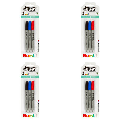 12pc Texta Non-Toxic Fineliner 0.4mm Pens Black/Blue/Red