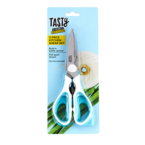 2pc Tasty Kitchen Shears w/ Built-In Bottler Opener Set White/Blue