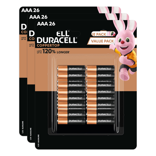 3x 26pc Duracell Coppertop AAA Alkaline Battery Pack Single Use