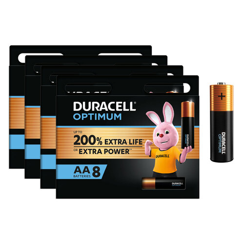 4x 8pc Duracell Optimum Alkaline AA Battery Pack Single Use