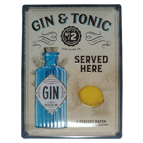 Nostalgic Art Gin & Tonic Served Here 30x40cm Large Metal Tin Sign